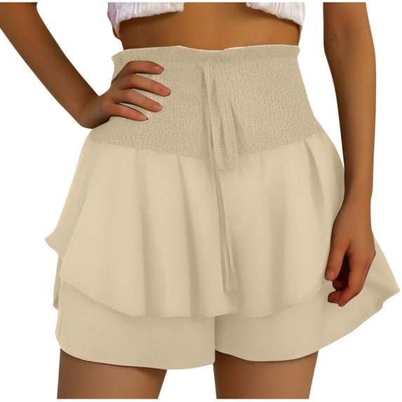 Zpanxa Women's Solid Color High Waisted Shorts Lace Trim Double Layer Hem Casual Summer Beach Vacation Lounge Elastic Waist Comfy Breathable Soft Daily Wear