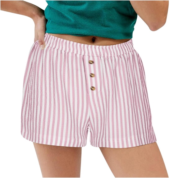 Zpanxa Womens Shorts Casual Summer Striped Plaid Button-up High-waisted Casual Shorts Casual Wide-leg Shorts Pink L