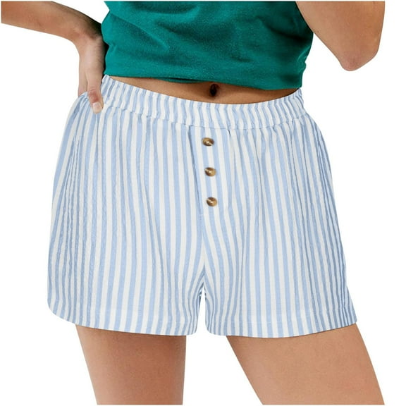 Zpanxa Womens Shorts Casual Summer Striped Plaid Button-up High-waisted Casual Shorts Casual Wide-leg Shorts Sky Blue S