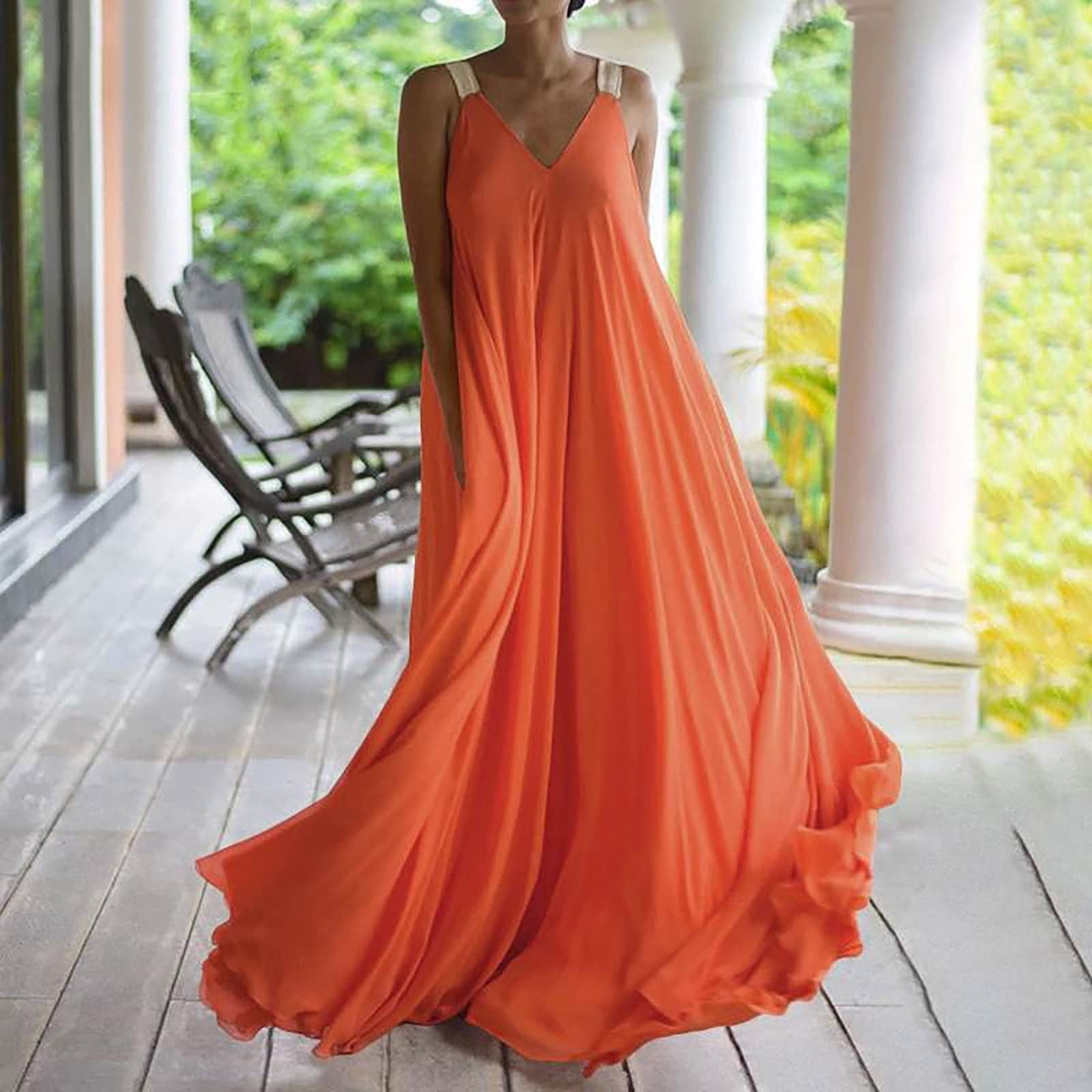 Women Summer Maxi Dress Plus Size Orange, Stretch 1x 2x 3x 4x