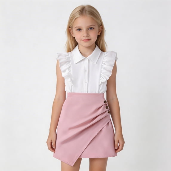 Summer Clothes Girls Ruffle Sleeve Casual Girls Tops and Skirts Girl 2 Piece Outfits Girl Outfits 8-9 Years