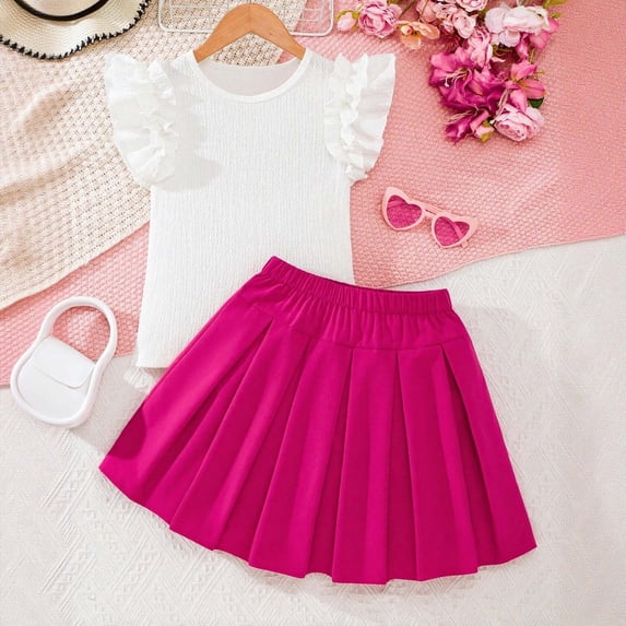 Summer Clothes Girls Ruffles T-Shirt Tops and Skirts 2 Piece Outfits Girls Size 7-8 Years Girls Clothes