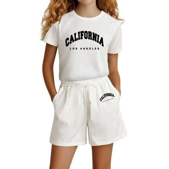 Summer Clothes Letter Print Short Sleeve Casual T-Shirt Tops + Shorts Pants Girls 2 Piece Outfits Set 9-10 Years Girl Clothing Girls Fashion