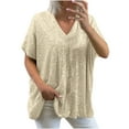 thumbnail image 1 of TAGOLD Womens Summer Tops,Women Short Sleeve Sequins Loose Polluer Solid V-Neck Blouse Shirt Tops, 1 of 5