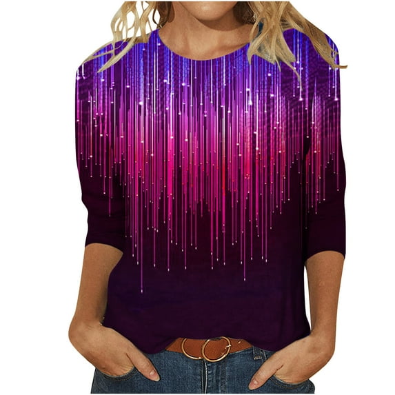 Summer Clothes Savings 2024! TAGOLD Womens Summer Tops,Women's Loose Mid-Length 3/4 Sleeve Bright Glitter Printed Round Neck Top T-Shirt