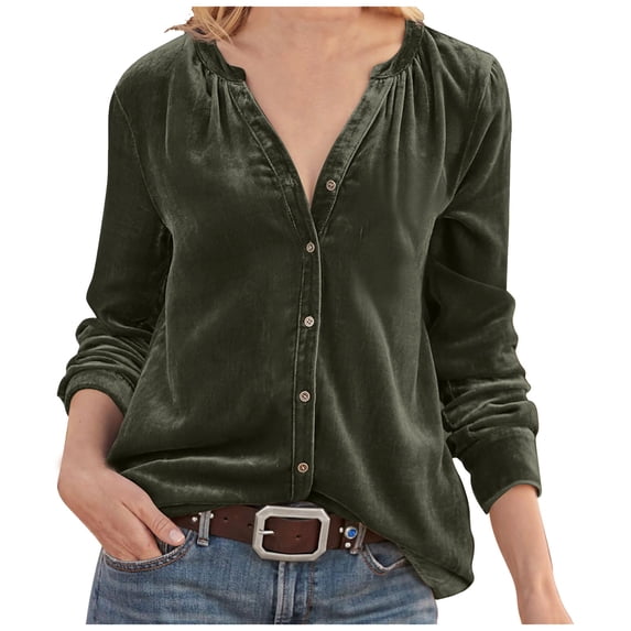 Summer Clothes Savings 2024! TAGOLD Womens Summer Tops,Women's Solid V-neck Retro Gold Velvet Pocket Less Shirt Long Sleeved Top