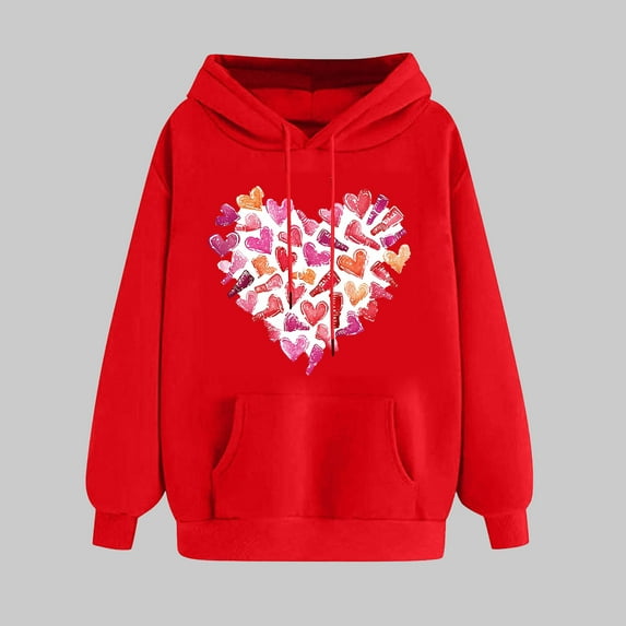 Summer Clothes Womens Fashion Tops Ndbuld Women's Print Winter Hoodie Pullover Tops Long Sleeved Comfortable Sweatshirt Up to 35% off,Red,S