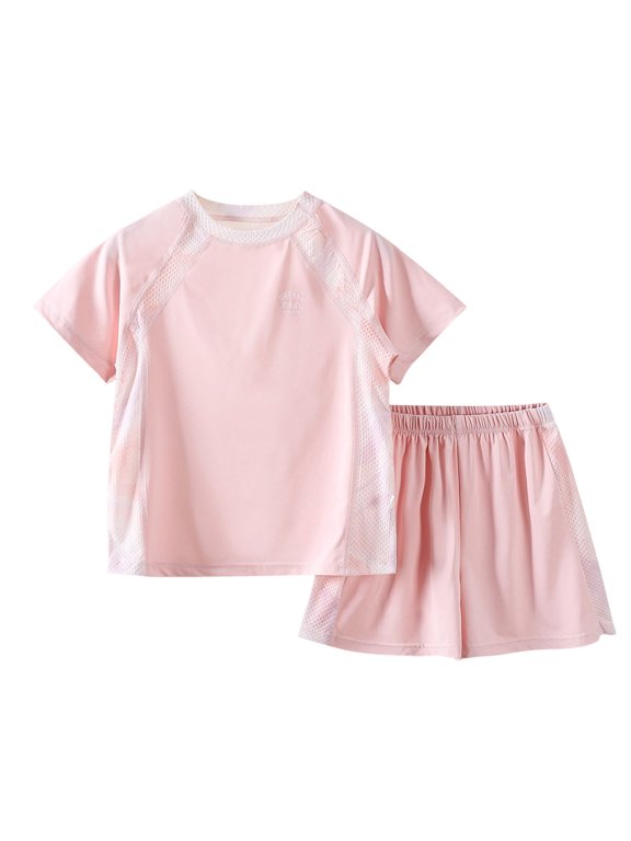Summer Clothes for Girls Boys Short Sleeve Raglan Shirts Shorts Set Cooling 2 Piece Lounge Wear Pink, 13 Years