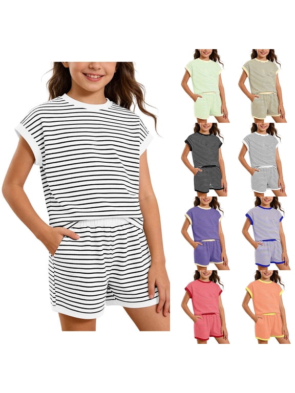 Summer Clothes for Girls Short Sleeve Striped Top and Elastic Waist Shorts with Pockets Girls Vacation Outfits Girls Two Piece Set Size 6-14 Years