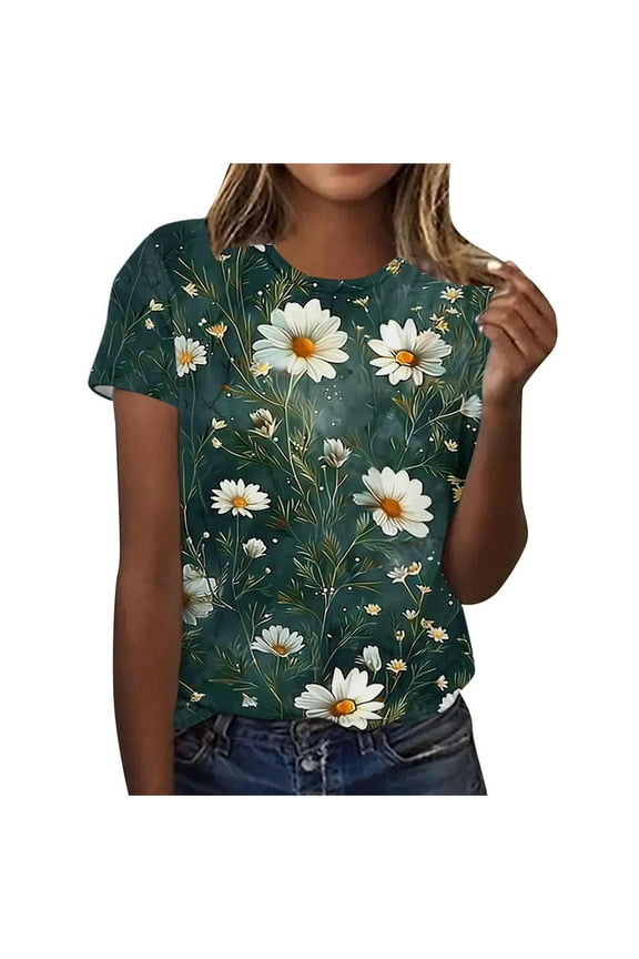 Summer Clothing Top for Womens Fashion Spring Floral Print Shirts Women Loose Casual Pullover Short Sleeve T-Shirts Tops