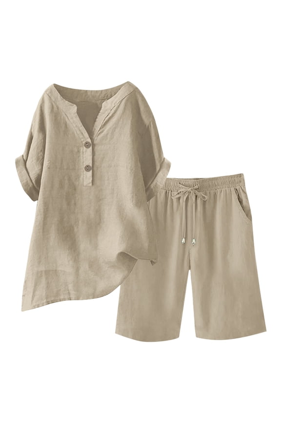 Summer Co Ord Sets for Women Linen Set 2 Piece Outs Wide Leg Cropped Trousers Sets Short Sleeve Baggy Tops and Wide Leg Shorts Sets Oversized Tracksuits Elegant Travel Loungewear