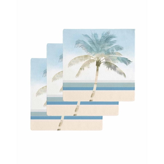 Summer Coast Palm Trees Kitchen Dish Towels for Drying Dishes Set of 3, Blue Sky Watercolor Beach Waffle Weave Microfiber Terry Hand Tea Bathroom Towels Quick Dry & Absorbent Towel 12x12