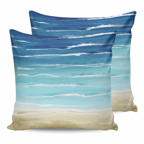 Summer Coastal 14x14 Pillow Covers Set of 2, Turquoise Ombre Beach Ocean Waves Throw Pillow Covers Decorative Couch Cushion Case, Microfiber Square Pillowcases for Bedroom Car Living Room