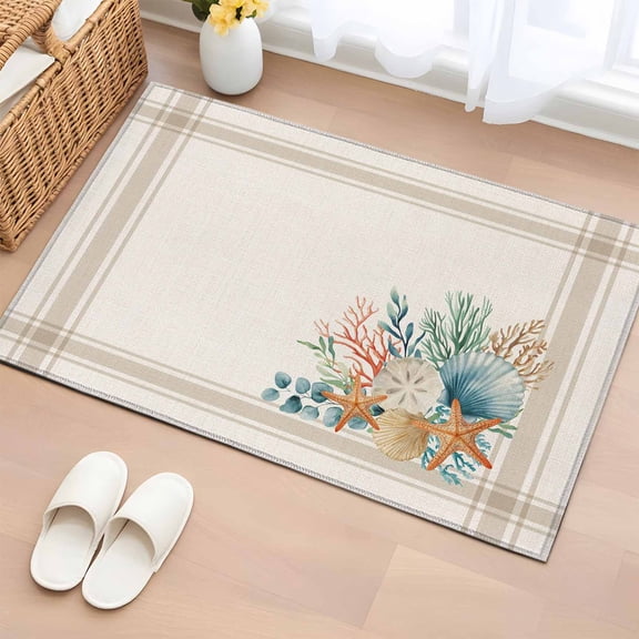 Summer Coastal 2'x3' Washable Rug, Nautical Beach Marine Life Beige Striped Non-Slip Soft Doormat Area Rugs for Entrance Bathroom Bedsides, Carpet for Kitchen Bedroom, Entryway Floor Mat
