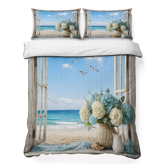 Summer Coastal 3 Piece Quilt Bedding Set with 2 Pillow Shams, Window Blue White Hydrangea Flower Ocean Beach Lightweight Bedspread Coverlet, Soft Breathable All Season Quilt, 68 x 98 Inch