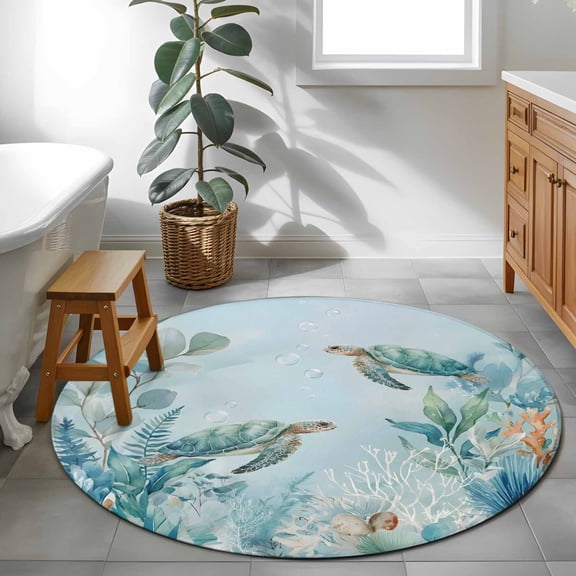 Summer Coastal 4ft Round Rug for Cozy Reading Nook Home Office Chair Area, Ocean Sea Turtle Nautical Coral Eucalyptus Leaves Washable Non Slip Circle Area Rug