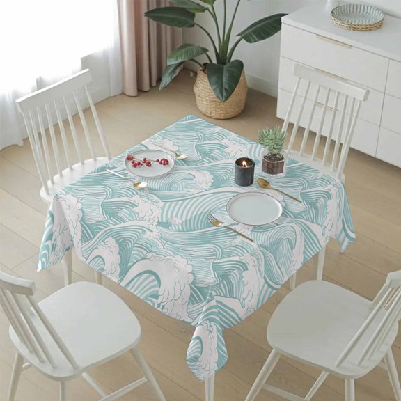 Summer Coastal Abstract Waves Table Cloth 54x54in, Waterproof Square Tablecloth Wipeable Tablecloths Modern Minimalist Wavy Table Covers for Dining Tables Party Indoor Outdoor