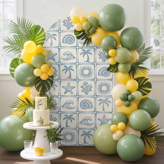 Summer Coastal Arch Backdrop Cover, 5FT, Retro Ocean Waves Shell Crab Coconut Tree Spandex Arch Covers Double-Sided Backdrop for Wedding Birthday Party Photo Background Decoration