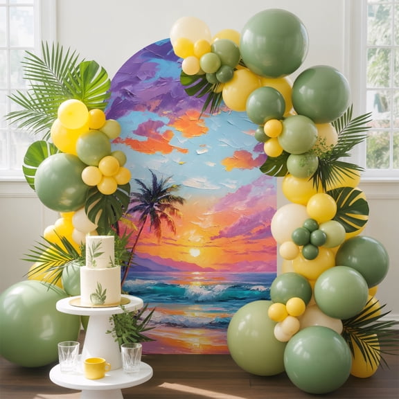 Summer Coastal Arch Backdrop Cover, 5FT, Tropical Island Palm Trees Sun Beach Spandex Arch Covers Double-Sided Backdrop for Wedding Birthday Party Photo Background Decoration