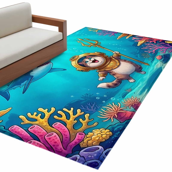Summer Coastal Area Rug 4x6 Washable Rug Non Slip Cute Cat Shark Coral Fantasy Underwater World Large Area Rug Indoor Carpet for Entryway Bedroom Kitchen Living Room Home Office Dining Room Nursery