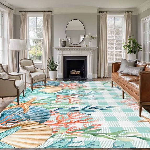 Summer Coastal Area Rug 8x10 Washable Rug Non Slip Watercolor Corals Shells Starfish Green Plaid Large Area Rug Soft Stainresistant Indoor Floor Carpet for Living Room Bedroom Home Office Dining Room