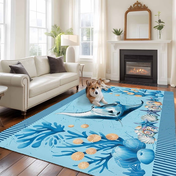 Summer Coastal Area Rugs 5x7 ft Ocean Stingray Blue Starfish Nautical Coral Washable Rug Non Slip Indoor Carpet Absorbent Floor Mat for Living Room Bedroom Dining Room