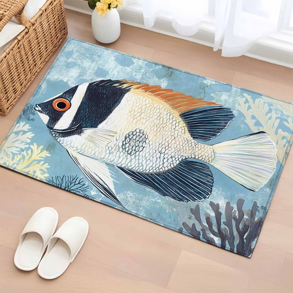 Summer Coastal Bathroom Rug Washable 2x3 Entryway Rug Non Slip Vintage Ocean Watercolor Fish Coral Front Door Mat Low Pile Indoor Doormat Throw Floor Carpet for Kitchen Bedroom Entrance