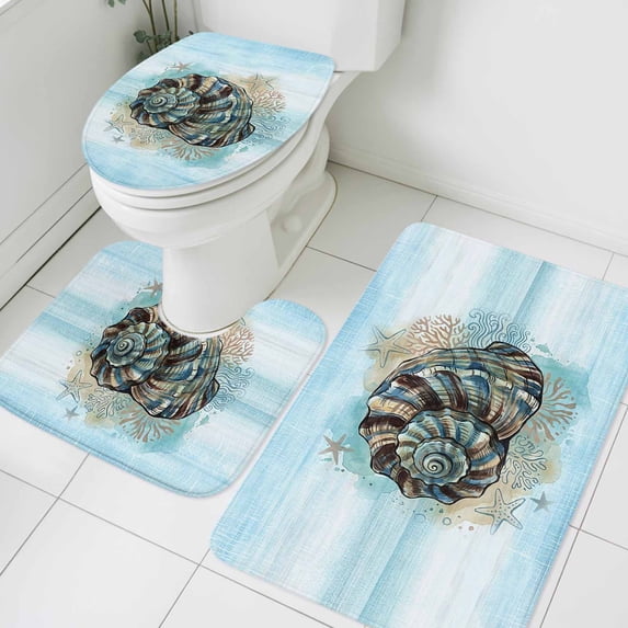 Summer Coastal Bathroom Rugs Set Retro Ocean Brown Conch Marine Life Teal Blue Non Slip Absorbent Soft Bath Mats 3 Piece Set with Bathroom Rug, U-Shaped Floor Mat, Toilet Seat Cover Large Size