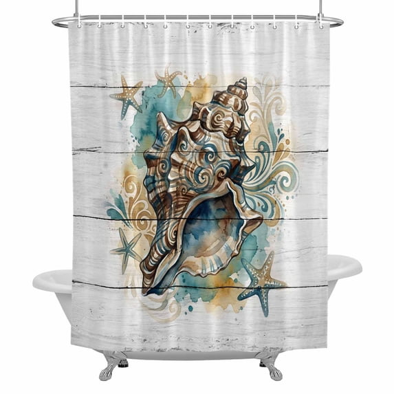 Summer Coastal Bathroom Shower Curtain, Brown Retro Texture Conch Starfish Wood Grain Waterproof Washable Soft Bath Curtain for Bathtub Decor with 12 Hooks&Grommet, 36x78 Inch