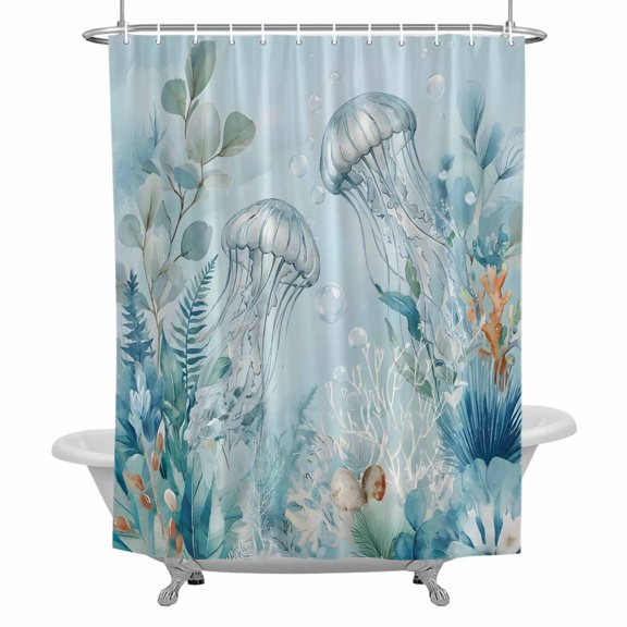 Summer Coastal Bathroom Shower Curtain, Ocean Jellyfish Nautical Coral Eucalyptus Leaves Waterproof Washable Soft Bath Curtain for Bathtub Decor with 12 Hooks&Grommet, 36x72 Inch