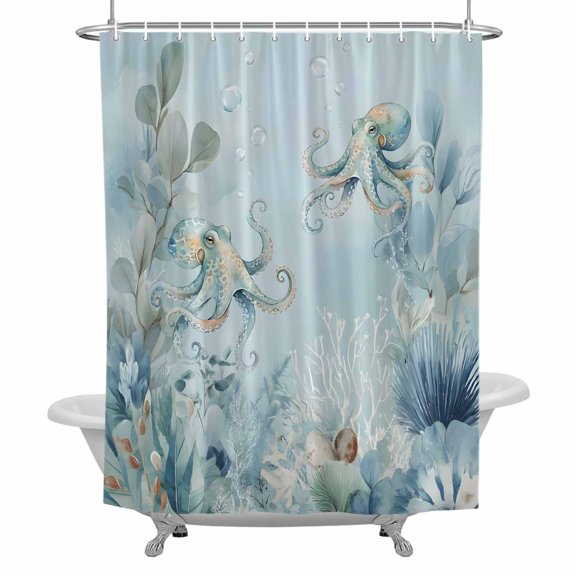 Summer Coastal Bathroom Shower Curtain, Ocean Seaweed Octopus Nautical Coral Eucalyptus Leaves Waterproof Washable Soft Bath Curtain for Bathtub Decor with 12 Hooks&Grommet, 36x72 Inch