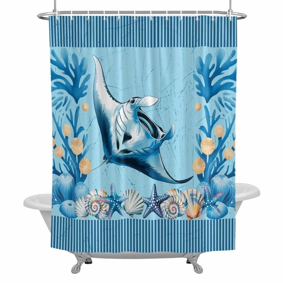Summer Coastal Bathroom Shower Curtain, Ocean Stingray Blue Starfish Nautical Coral Waterproof Washable Soft Bath Curtain for Bathtub Decor with 12 Hooks&Grommet, 66x72 Inch