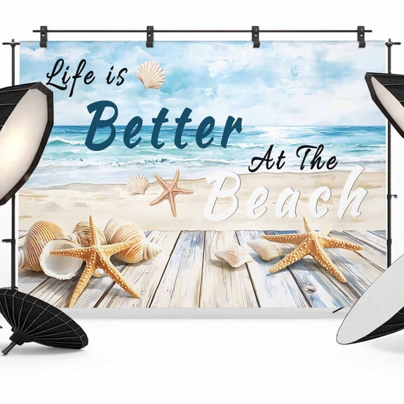 Summer Coastal Beach Backdrop for Photography, Fabric Photo Background Backdrop, Ocean Wave Starfish Shell Photo Booth Background for Portrait Photoshoot Video Wedding Studio Decoration Banner 7x5ft