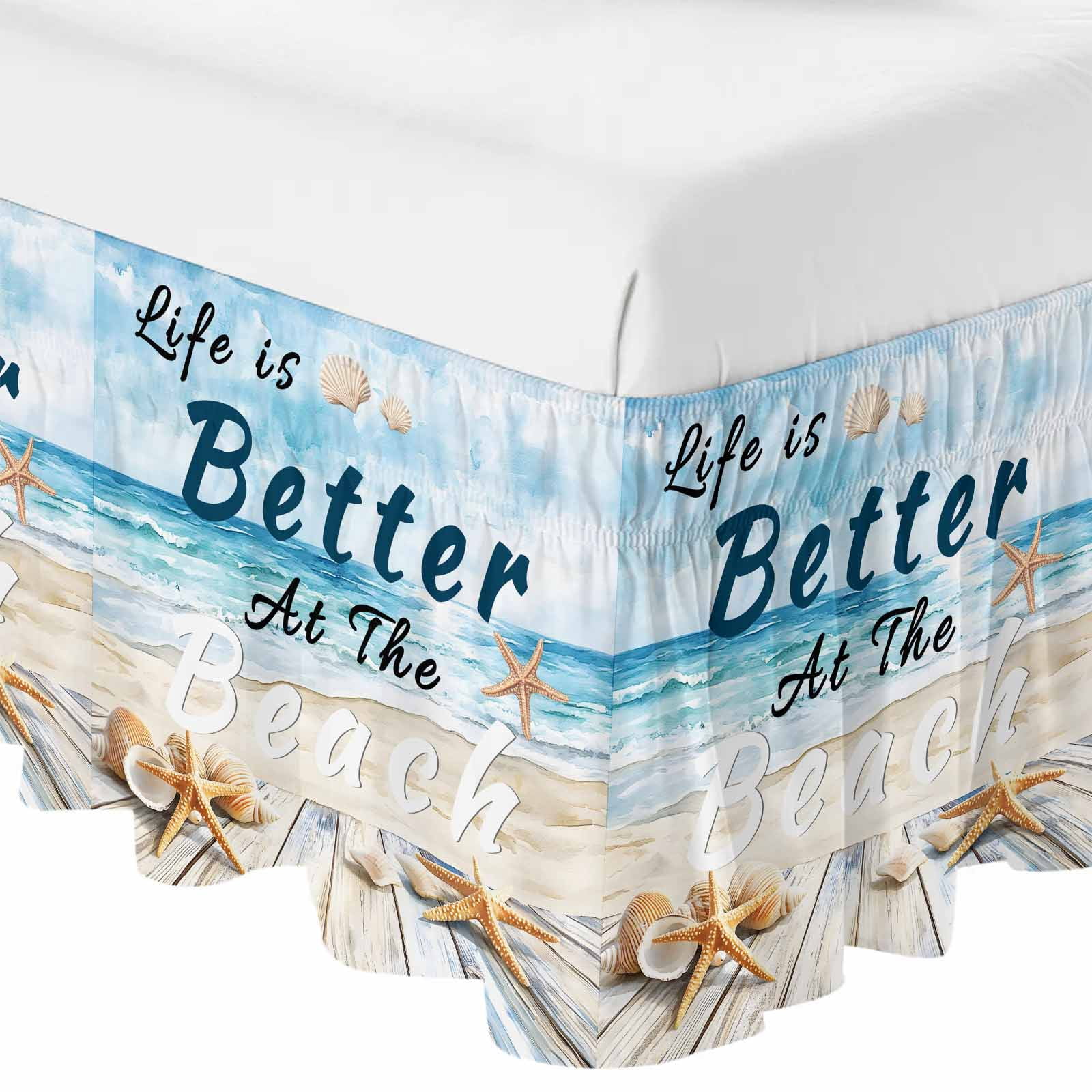 Summer Coastal Beach Bed Skirt Queen Size 16 Inch Drop, Adjustable & Elastic Wrap Around Bed Skirts Pleated Luxury Dust Ruffles For Twin Full Queen Cal King Base Beds, Ocean Wave Starfish Shell