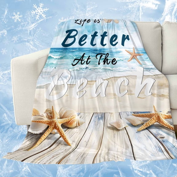 Summer Coastal Beach Cooling Blanket, Lightweight Breathable Summer Throw Blanket with Double Sided Cold Effect, Ocean Wave Starfish Shell Picnic Beach Blankets Bed Sheet for Hot Sleepers 30"x40"
