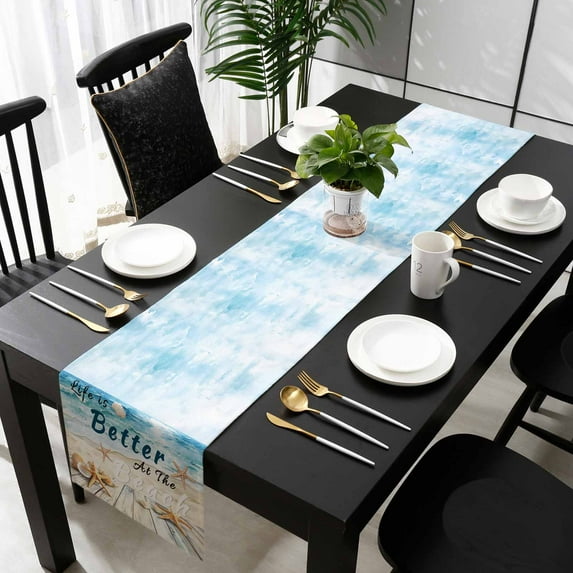 Summer Coastal Beach Cotton Linen Table Runner 13 x 70 inch Ocean Wave Starfish Shell Non-slip Rectangular Dining Table Decor for Wedding Party Holiday Dinner