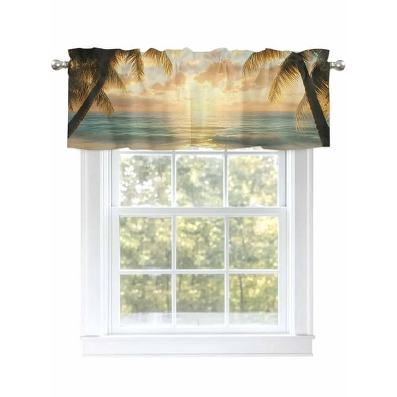 Summer Coastal Beach Curtain Valances for Windows, Coastal Ocean Tropical Palm Tree Kitchen Valance Window Treatment, Light Filtering Block Curtains for Bathroom/Bedroom/Living Room 60'' x 18''