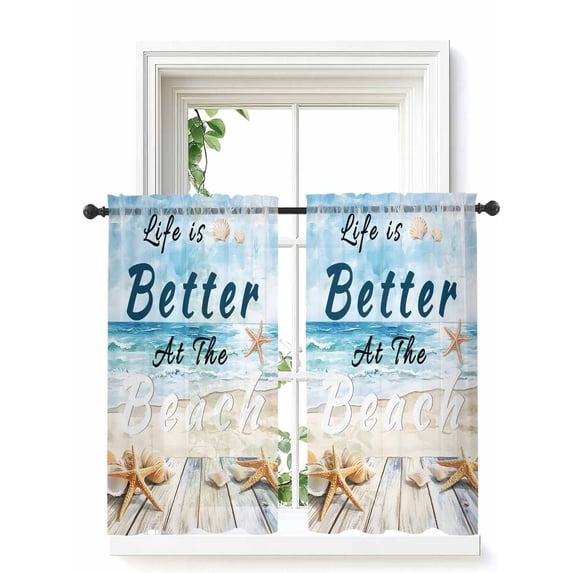 Summer Coastal Beach Curtains 45 Inch Length, Sheer Curtains for Bedroom Living Room Window Ocean Wave Starfish Shell Rod Pocket Voile Drapes Kitchen Curtains Small Half Window 42"x45" 2 Panels