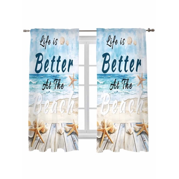 Summer Coastal Beach Curtains 72 Inch Length, Sheer Curtains for Bedroom Living Room Window Ocean Wave Starfish Shell Rod Pocket Voile Drapes Kitchen Curtains Small Half Window 52"x72" 2 Panels