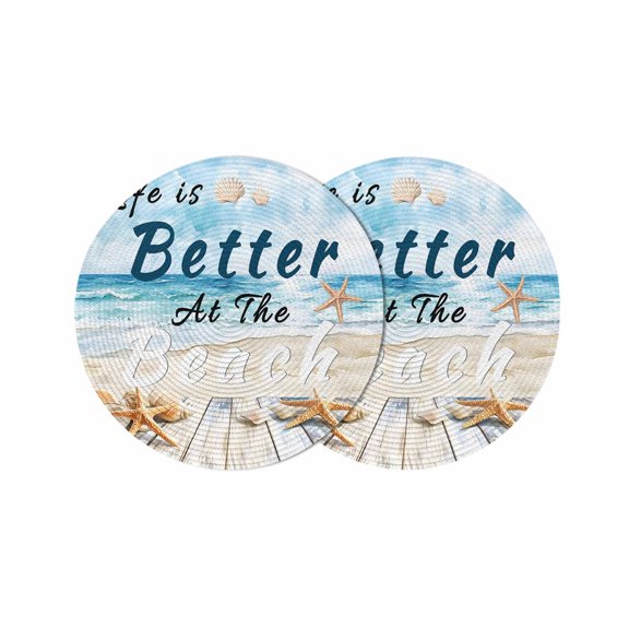 Summer Coastal Beach Round Placemats Set of 2 for Dinning Tables,Heat-proof Braided Table Mats 13 Inch,Ocean Wave Starfish Shell Washable Place Mat for Kitchen Restaurant Party Decor Table Setting