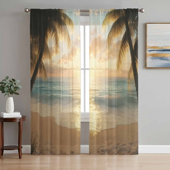 Summer Coastal Beach Sheer Curtains 63 Inch Length 2 Panels Set, Coastal Ocean Tropical Palm Tree Voile Window Treatment Rod Pocket Curtains Sheers Drapes for Bedroom/Living Room/Kitchen 52x"63"x2