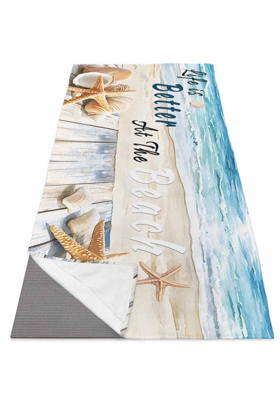 Summer Coastal Beach Yoga Towel for Hot Yoga Non Slip, Ocean Wave Starfish Shell Yoga Mat Towel Absorbent Yoga Sweat Towels Microfiber Hot Yoga Blanket for Bikram Pilates 26"x70"