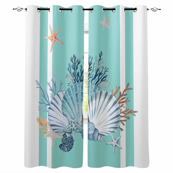 Summer Coastal Blackout Curtains for Bedroom Living Room Darkening Curtains 63 Inches Long Watercolor Shells Coral Starfish Ocean Blue Window Curtain 2 Panels Set Window Treatment Drapes 52"x63"