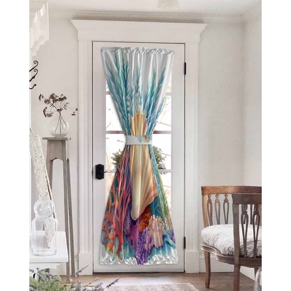 Summer Coastal Blackout Curtains French Door Curtains for Door Window, Ocean Watercolor Shell Coral Privacy Drapery for Patio/Sidelight Doors, 1 Panel with Tieback, 54 x 72 Inches