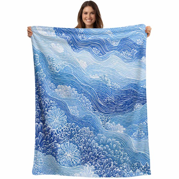 Summer Coastal Blanket Soft Cozy Warm Throw Blanket for Couch, Plush Fuzzy Flannel Fleece Blankets for Sofa, Watercolor Ocean Waves Coral Ombre Blue Bed Blankets Lightweight Gifts for Women, 30"x40"