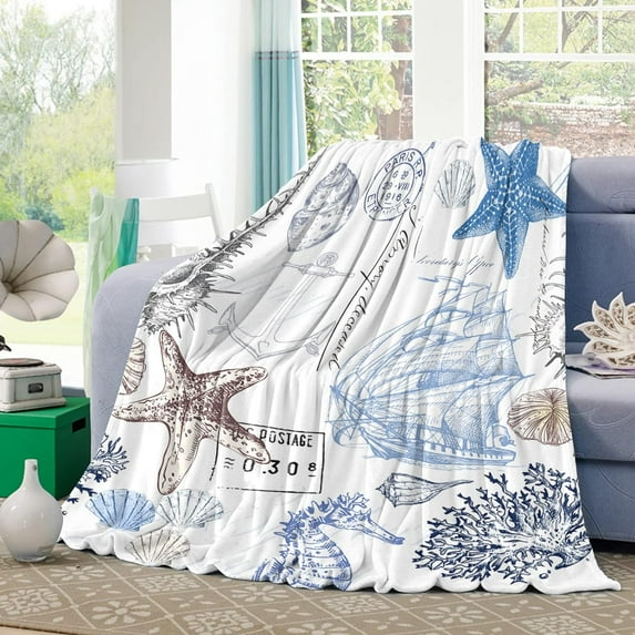 Summer Coastal Blankets, Nautical Anchor Sailboat Throw Blanket Flannel Fleece Lightweight 40"x50" Comfort Blanket Ocean Marine Life Cozy Warm Bed Cover for Sofa Couch Chair Starfish Seahorse Conch