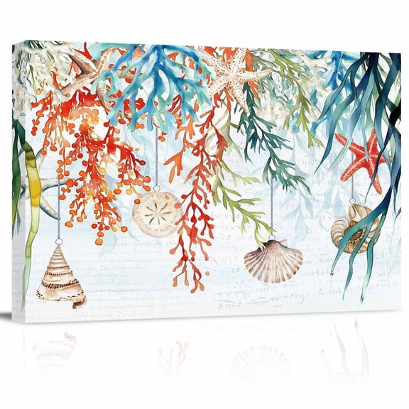 Summer Coastal Canvas Print Wall Art Coral Seaweed Shell Starfish Fish Retro Pictures Painting Morden Artwork for Living Room Bedroom, Ready to Hang - 12"x16"