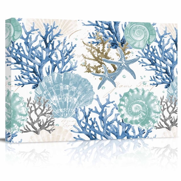 Summer Coastal Canvas Print Wall Art Starfish Shell Coral Watercolor Blue Ocean Pictures Painting Morden Artwork for Living Room Bedroom, Ready to Hang - 12"x16"