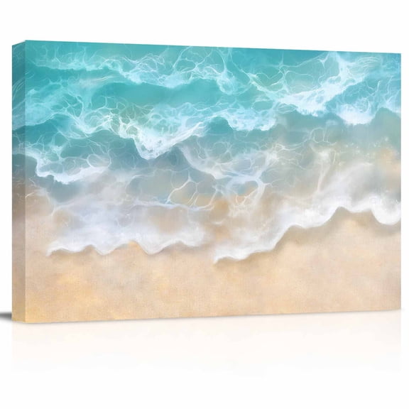 Summer Coastal Canvas Print Wall Art Teal Beach Ocean Wave Pictures Painting Morden Artwork for Living Room Bedroom, Ready to Hang - 12"x16"