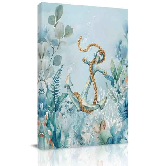Summer Coastal Canvas Wall Art for Living Room, Ocean Seaweed Anchor Nautical Coral Bubble Wall Decor Framed Artwork Pictures Ready to Hang for Bedroom Office Home Decor